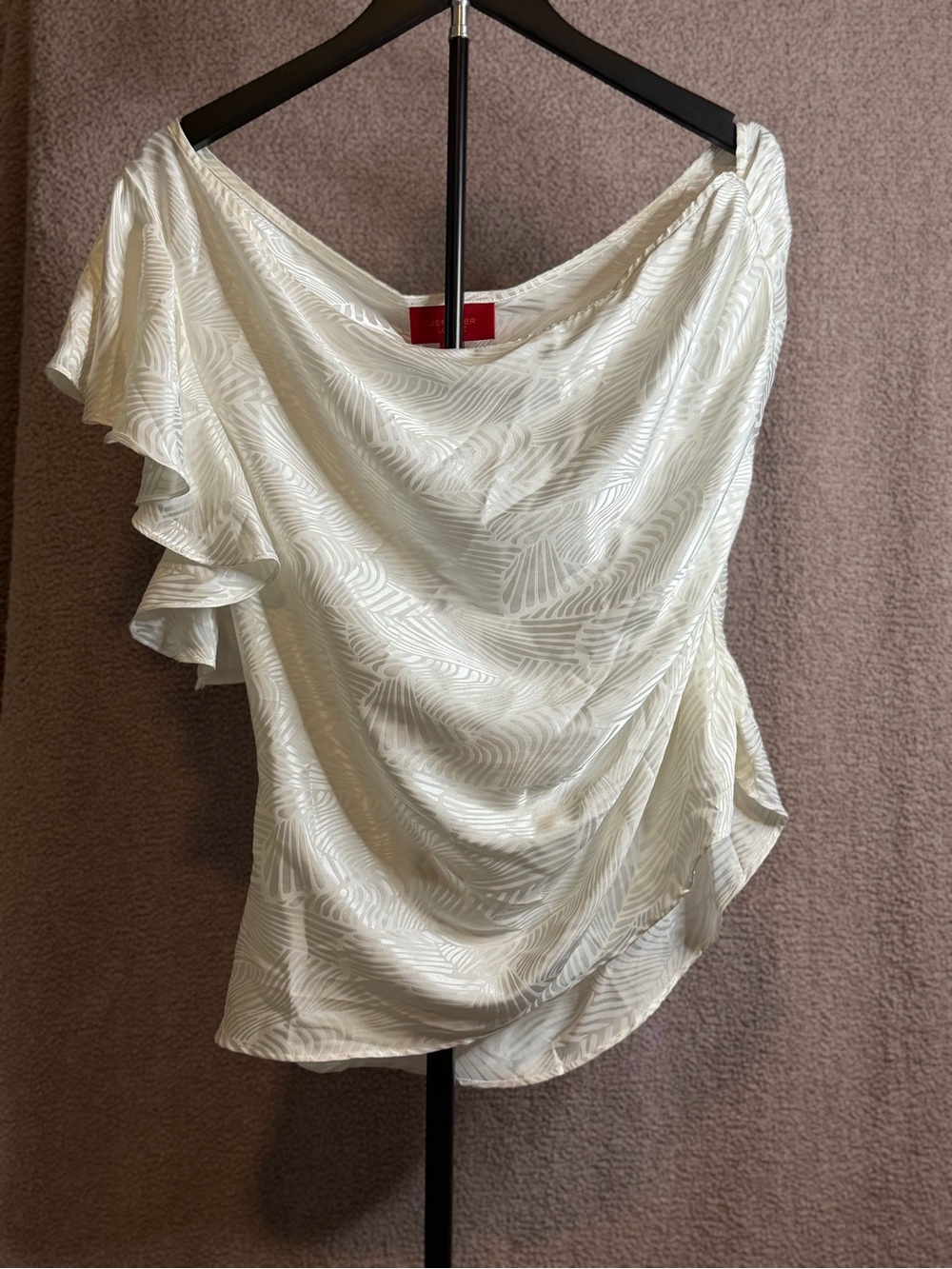 Jennifer Lopez Ivory Jacquard One Shoulder Ruffle Blouse Top XL